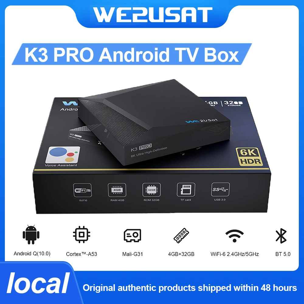 We2uSat K3 Pro TV Box 6K HDR Android Q (10.0) H.264/H.265 10bit Build in WiFi-6 2.4GHz/5GHz+BT 5.0 4+32GB Comparison with Vseebox V5pro