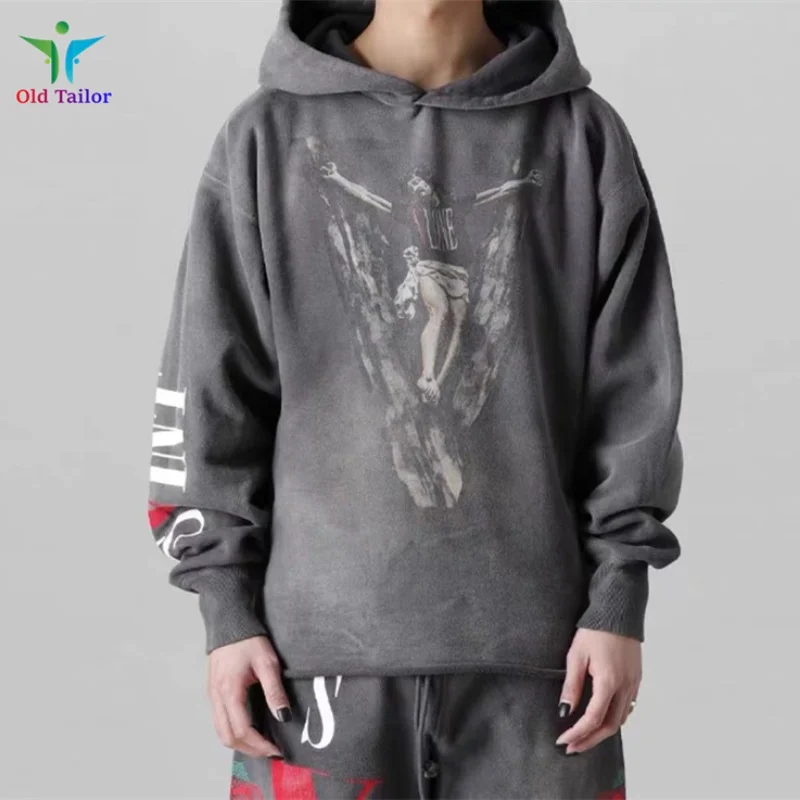 Vintage SAINT Letters Characters Prints Hem Hole Washed Casual Hooded Sweatshirt High Quality Mens Womens Autumn Winter Clothing