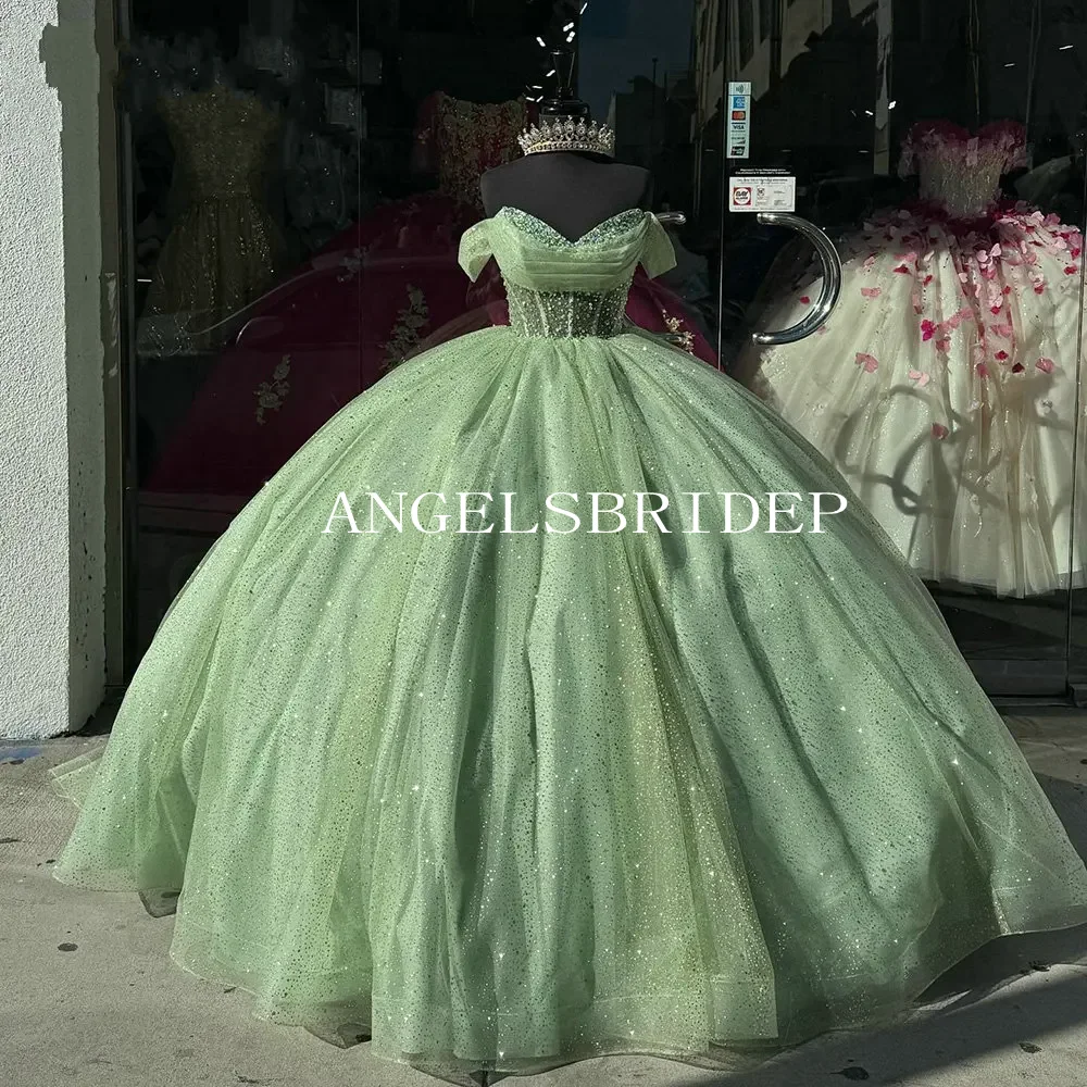 Angelsbridep ชุด Tulle ชุดไปงานเต้นรำสีเขียวอ่อนหวาน16 quinceanera สำหรับงานปาร์ตี้ตอนเย็นทางการ