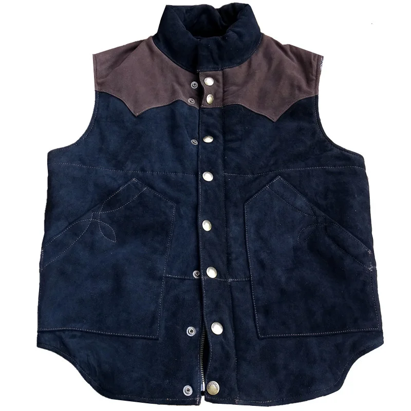 

Goatskin Men's Leather Vest Patchwork Short Slim Safari Japan Style Winter Warm Wear Unisex Sleeveless Jacket