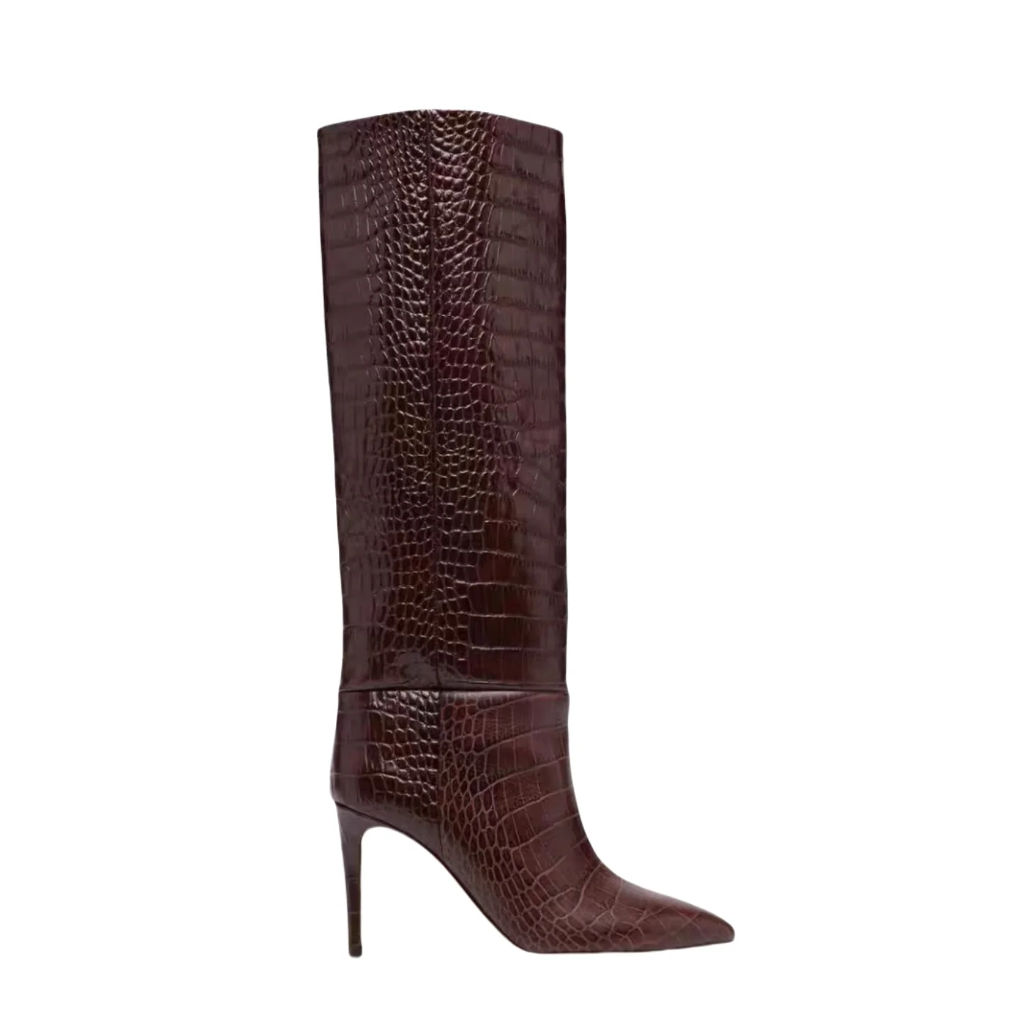 Arden Furtado 2025 Brown embossed leather Mid-Calf boots Pointed toe Slip-on Stilettos heels Modern boots Extra large size