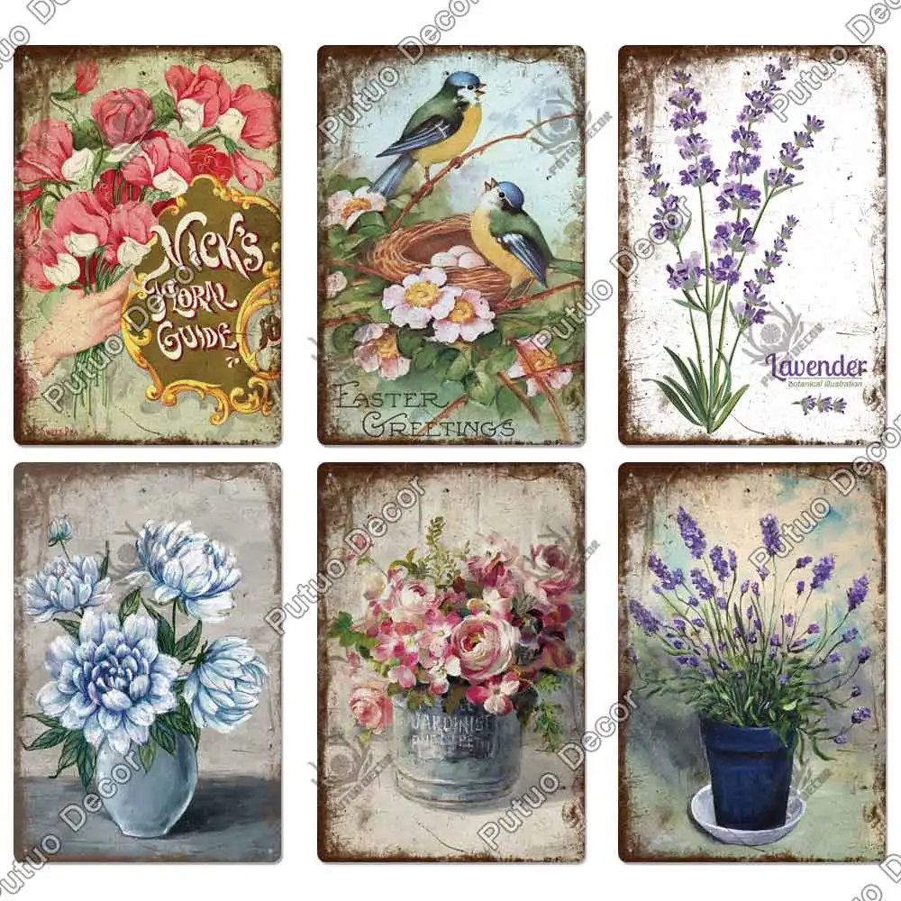 Putuo Decor Flower Vintage Tin Sign Metal Sign Decorative Plaque Garden Living Room Kitchen Club Decor Wall Decoration