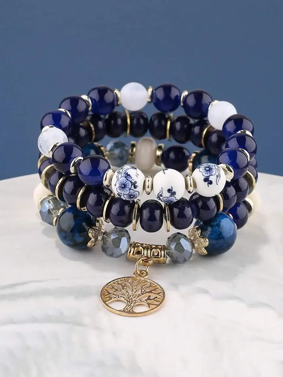 Conjunto de 3 pulseras de joyería con forma de árbol a la moda (tamaño y cantidad de cuentas surtidos al azar)