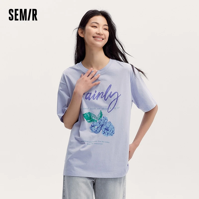 Semir T-Shirt z krótkim rękawem damski średniej długości opadające ramiona luźny i swobodny 2024 letni nowy top z nadrukiem owoców i liter