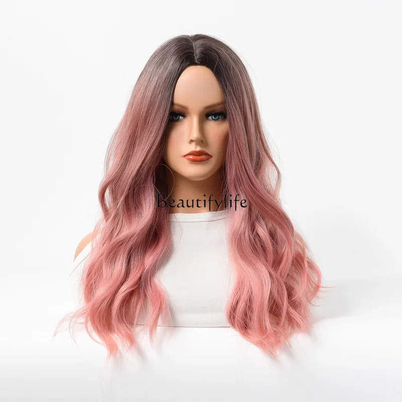 

Medium points without bangs long curly hair pink gradual change high temperature silk rose mesh