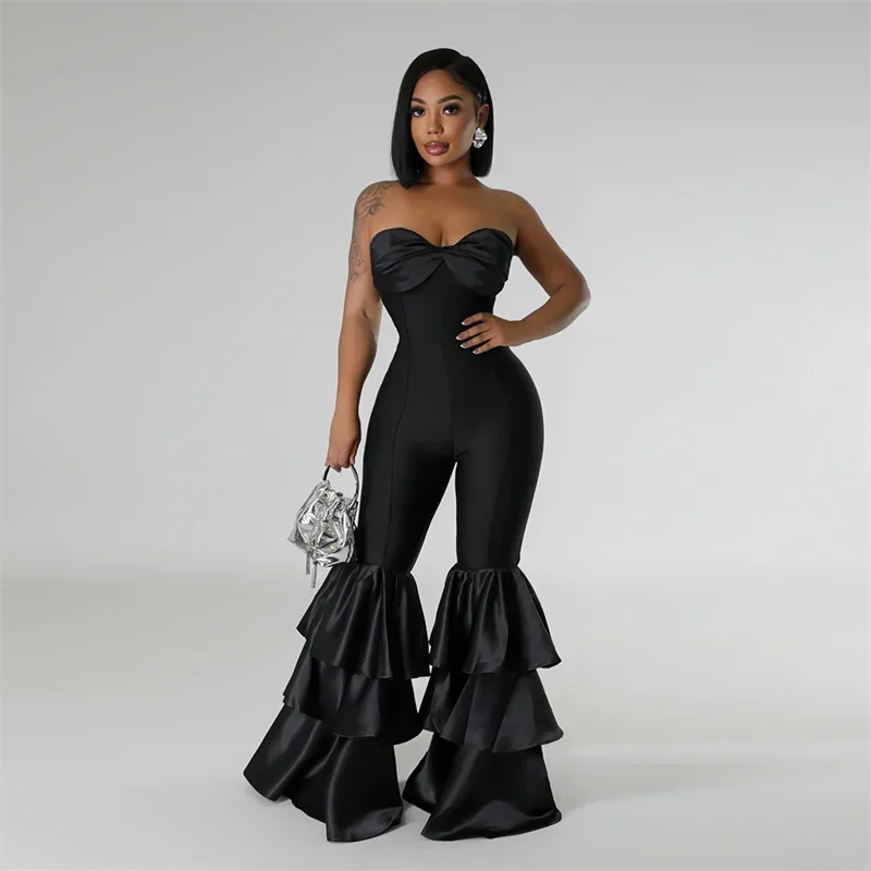 Sexy Off Shoulder Tube Strapless Bodycon Jumpsuit Women Rompers Sleeveless Skinny One Piece Birthday Outfits Elegant Flare Pants