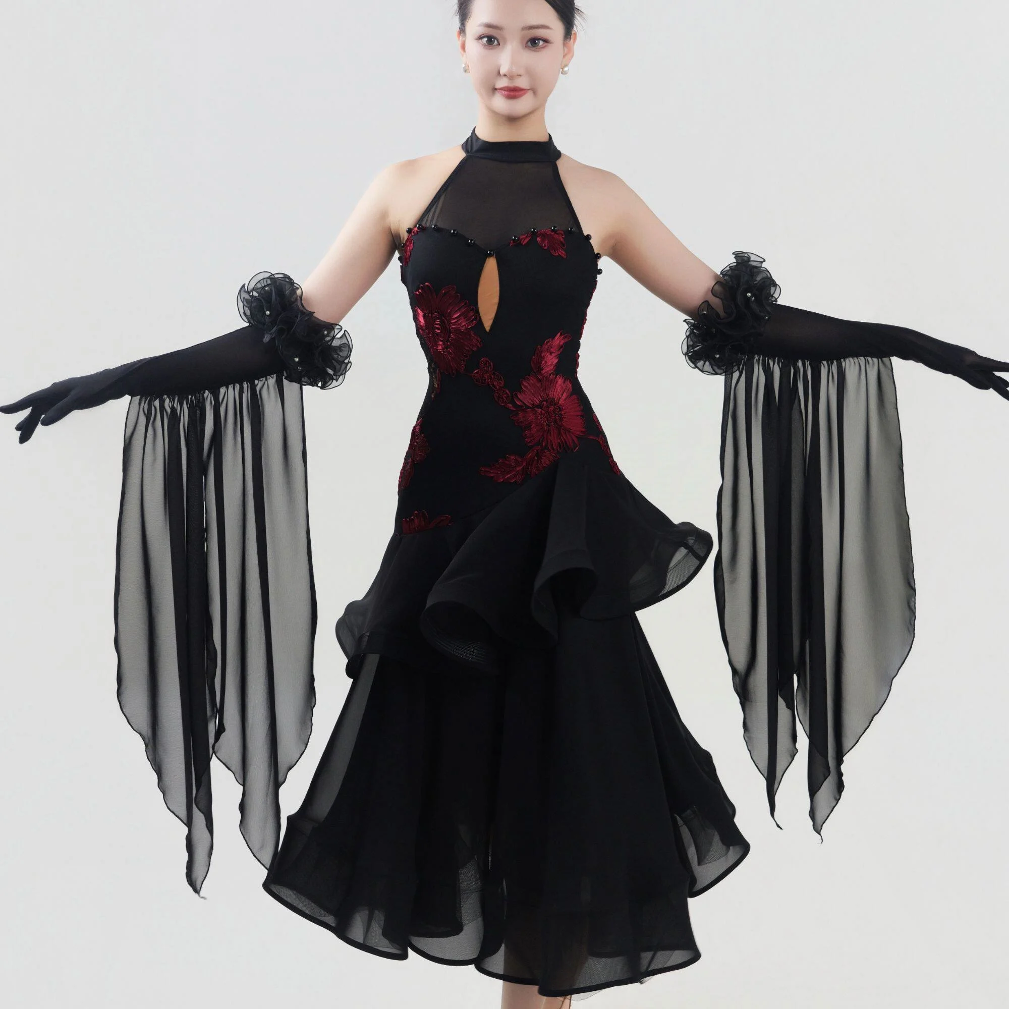 Embroidered Flowers Ballroom Dance Dress Women Performance Clothes Waltz Dance Costume Fishbone Long Dress White Black  BL20394