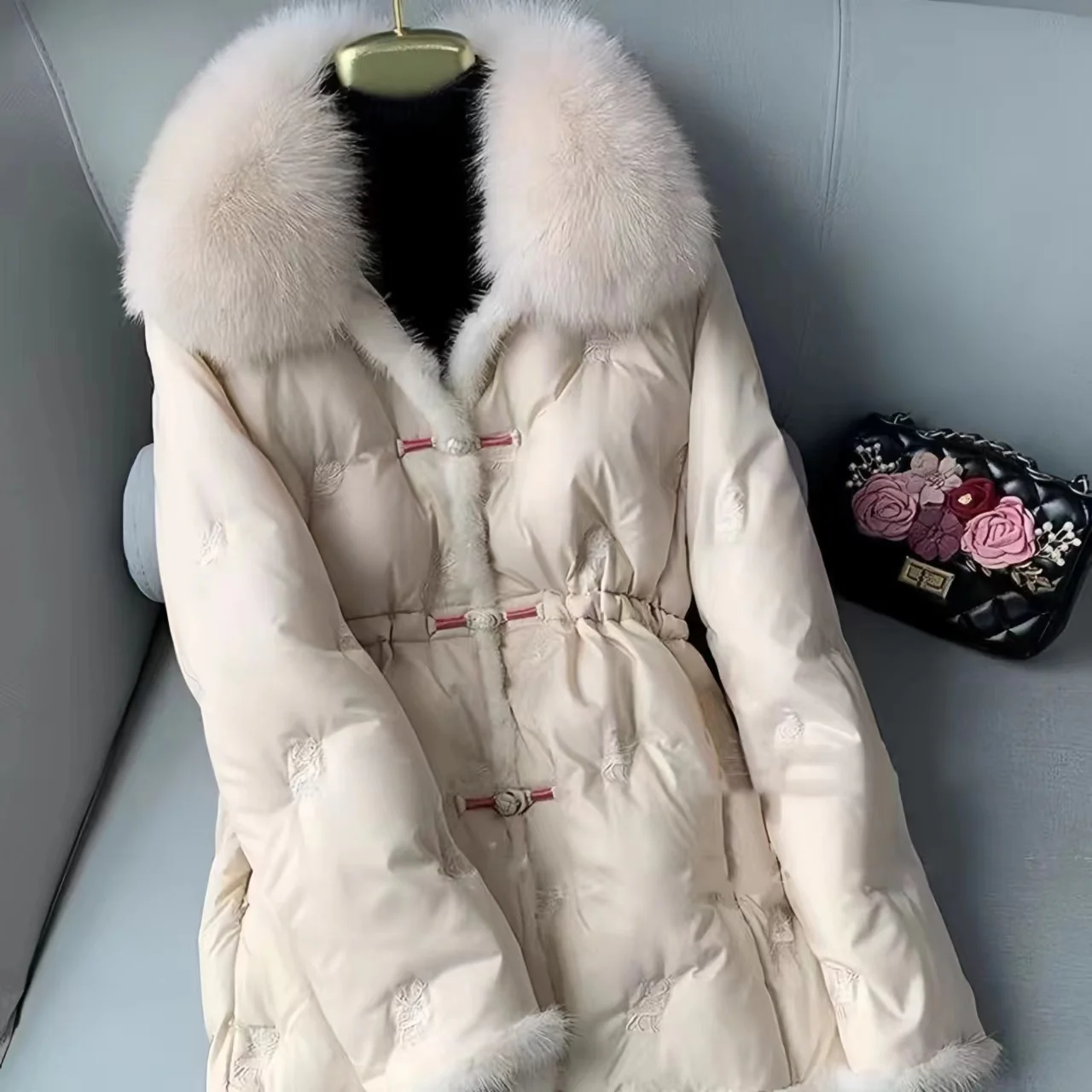 Piumino d\'anatra bianco monopetto da donna, parka in stile cinese, abbigliamento femminile, collo di pelliccia, inverno, nuovo