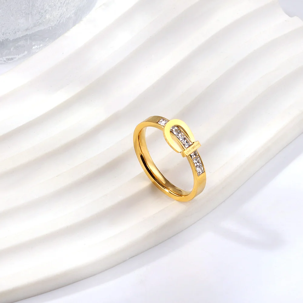 LUXUSTEEL Luxury White Zircon Belt Buckle Shape Rings For Women Golden Stainless Steel Rhinestone Love Forever Wedding Ring image 2