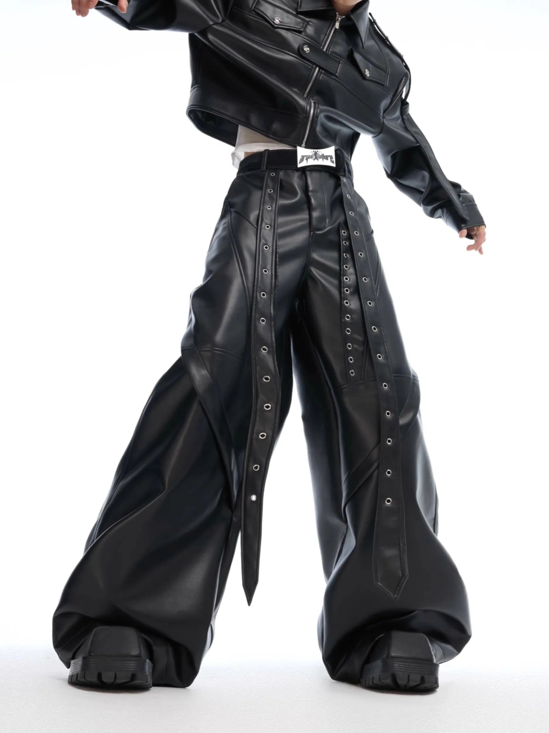 Mauroicardi Spring Autumn Cool Long Baggy Black Soft Pu Leather Wide Leg Pants Men High Waist Mens Designer Clothes Streetwear