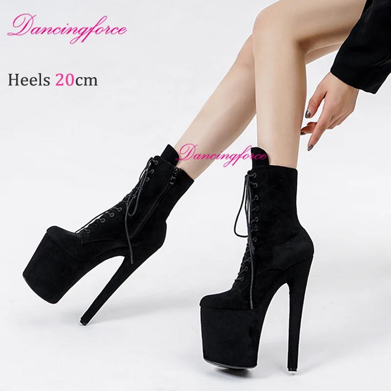 

20cm 8Inches Black Suede Ankle Boots Super High Sexy Pole Dance Women Shoes Stripper High Heels Platform Round Head Lace-up