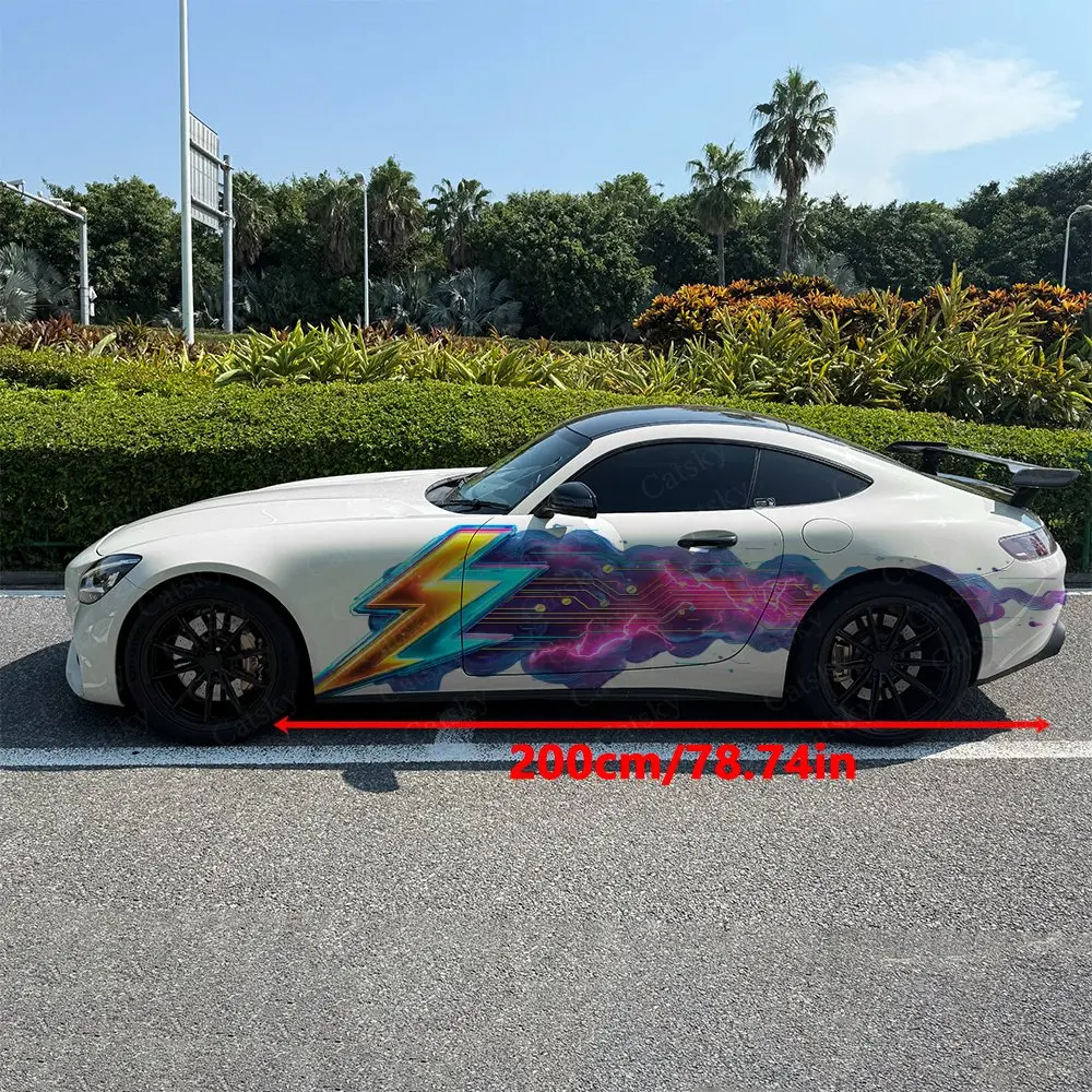 2pcs Gradient Neon Lightning Circuit Car Side Wrap, Self-Adhesive PVC Waterproof & Scratch-Resistant Sticker, Car Accessory Gift