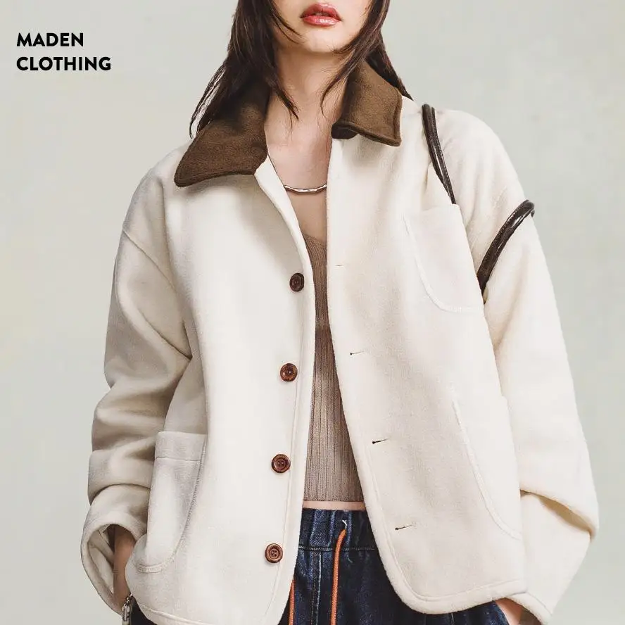 

Maden Ретро белое шерстяное пальто с лацканами, повседневное короткое пальто, универсальная однобортная верхняя одежда для женщин, осенне-зимняя куртка