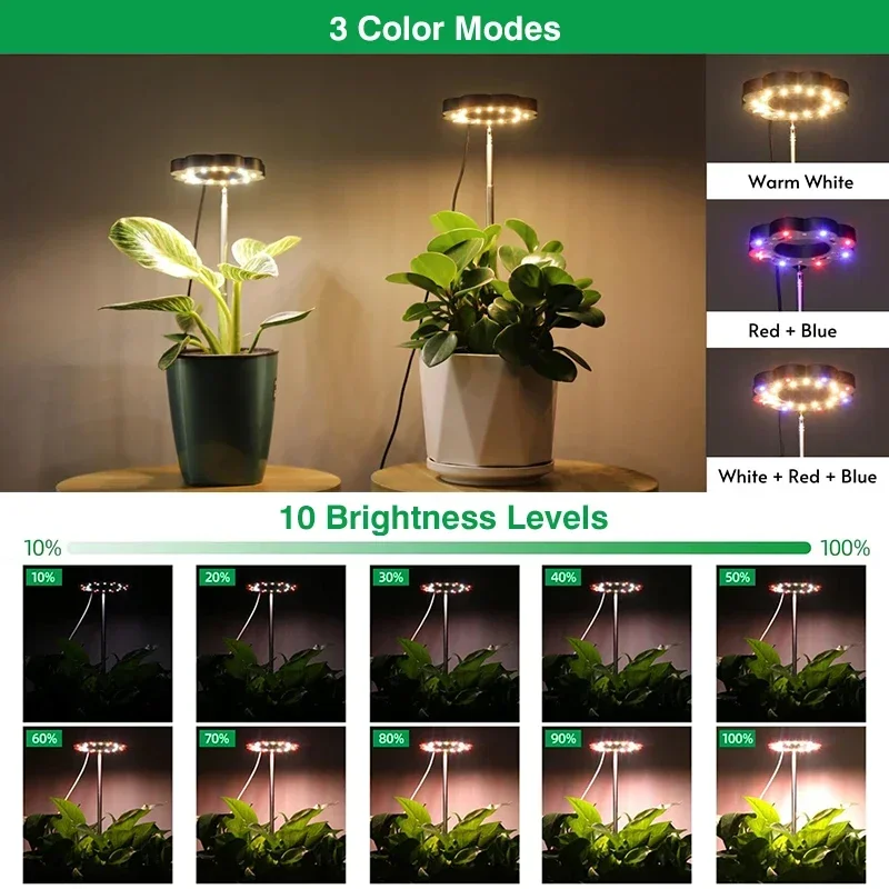 LED Growing Light for Indoor Plant Base Height Adjustable Full Spectrum Desktop Plants Lamp with Timer and 10 Dimming 3 Lighting