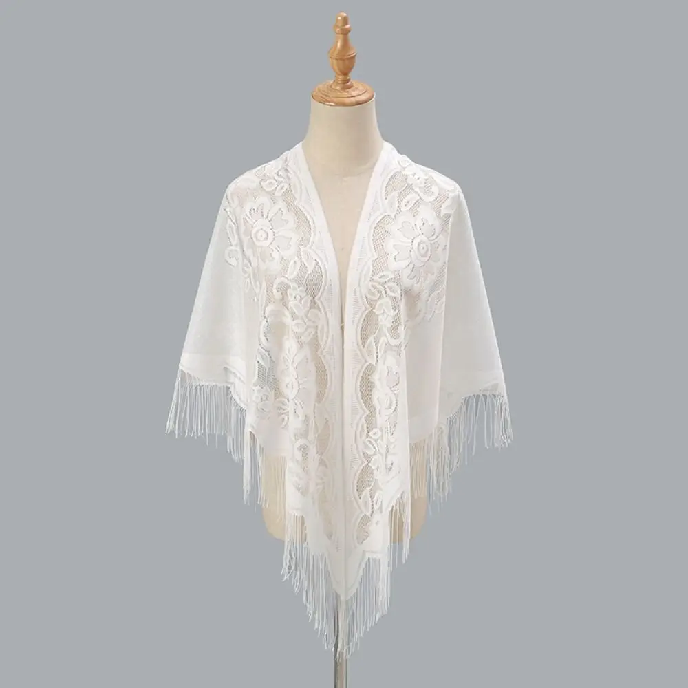 Women Vintage Shawl Tassel Patchwork V-Neck Cardigans Shawl Party Dinner Top Scarf Shawls Mesh Cloak Capelet Fringes