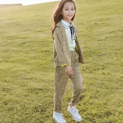 Girls Coat +Pants Kids Suits 2PCS/Set 2024 Cute Spring Autumn Cotton Teenagers School Uniforms Cotton Children Clothing