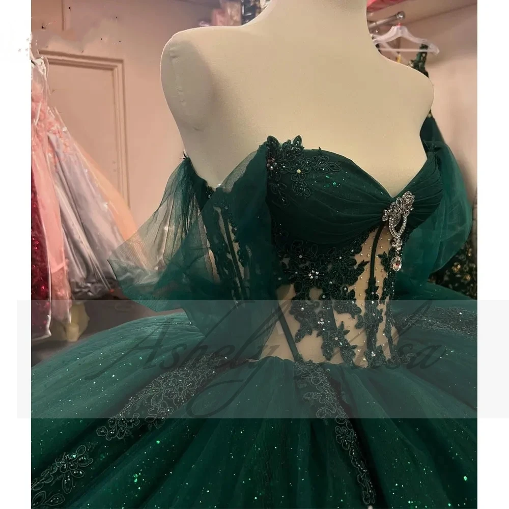 Customized Emerald Green Women Prom Occasion Dress Dance Off Shoulder Illusion Lace Applique Sweet 15 16 Quinceanera Party New