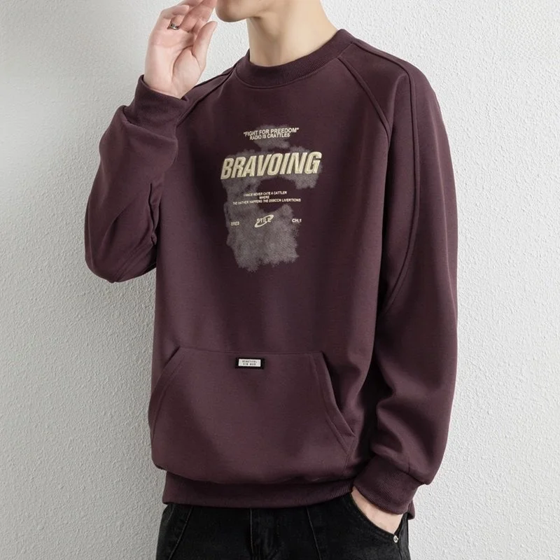 

Spring Faion Men's Sweatirt round Ne Printed Long Sve with Chest kets Casual Comfortable Polyester T-irt for Te...