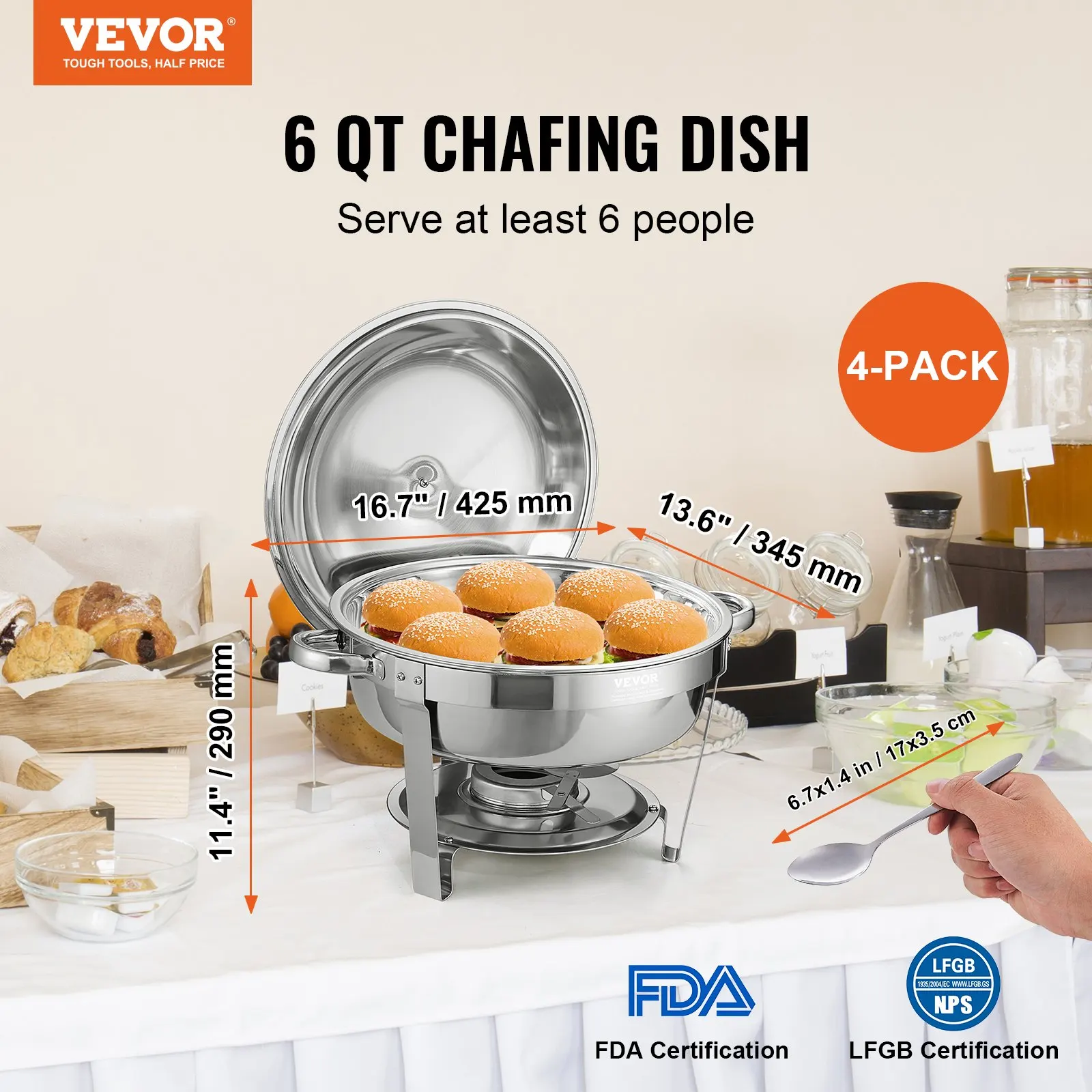 VEVOR 6QT 4Pack Round Chafing Dish Set Stainless Steel Buffet Chafer with Full Size Pan Glass Lid  Fuel Holder Catering Warmer