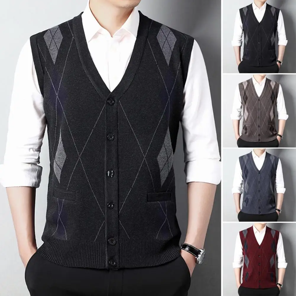 Sleeveless V-neck Cardigan Stylish Mid-aged Men's V Neck Cardigan Vest with Pockets Autumn Winter Sleeveless Knitted for Male