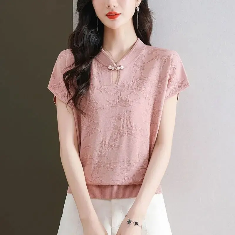 New Summer 2024 Chinese Style Popular Stand Up Collar Buckle Short Sleeves Imitation Ice Silk Knitted Sweater T-shirt for Women