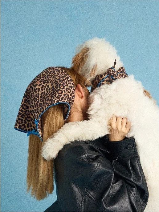 Original Leopard Print Contrasting Color Blue Edge Pet Kitten Dog Decorative Triangular Towel The Same Hair Band for Pet Owners