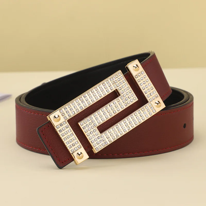 New Leather Women\'s Belt Fashion Rhinestone Inlaid Buckle Simple Style Belt All-match Clothing Pants High Quality Designer Belts