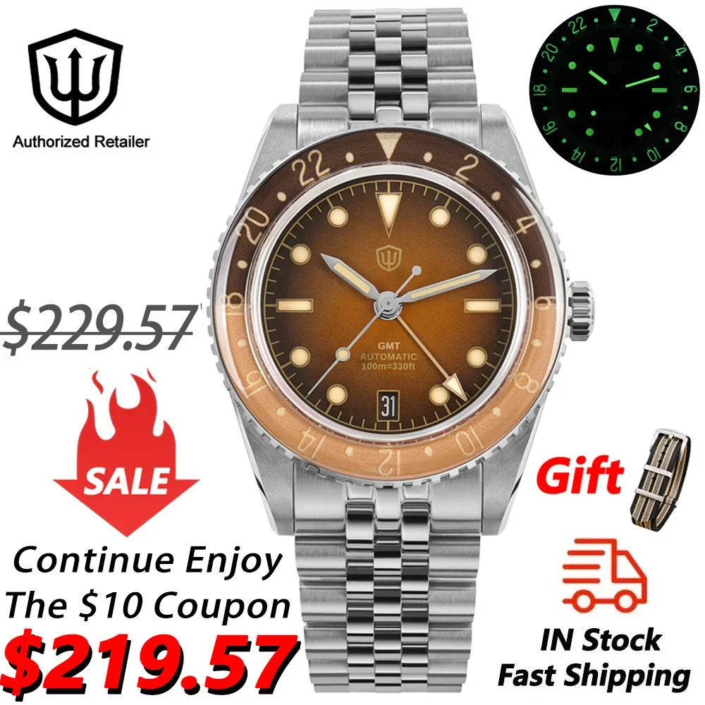 

Watchdives WD6542 GMT Watch NH34 Mechanical Movement Bubble Domed Sapphire Crystal Luminous 10Bar Waterproof 38mm GMT Watches