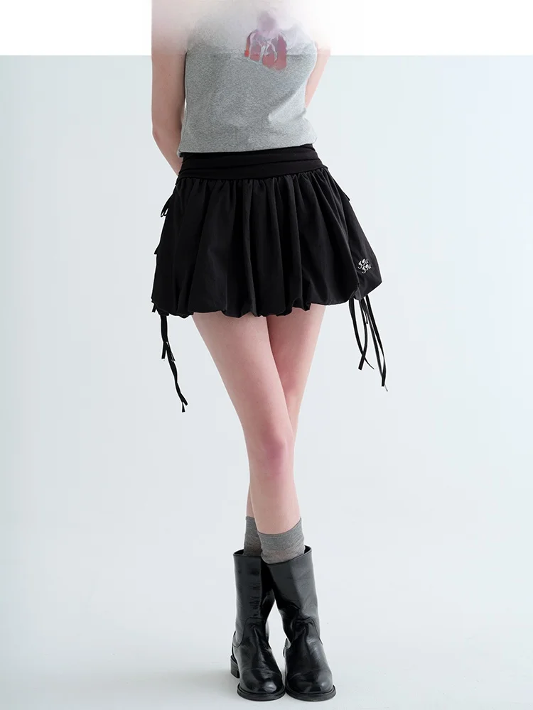 

Черная вышитая юбка с узлом, женская пышная короткая юбка на весну, облегающая, с высокой талией, повседневная, со встроенными шортиками