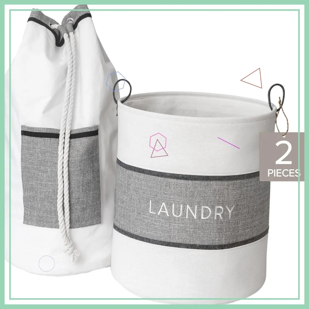 

2-Piece Laundry Bag and Basket Set with Easy-Carry Handle, Heavy Duty Canvas, Durable Storage for Home Dorm Apartment