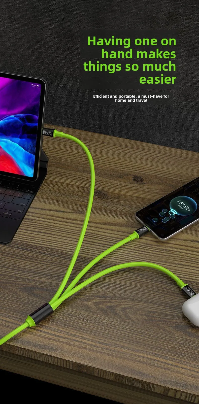 3 in 1 240W Fast Charging Cable Suitable For Micro USB Type C Charging Cable Multiple USB Ports Suitable For iPhone Huawei