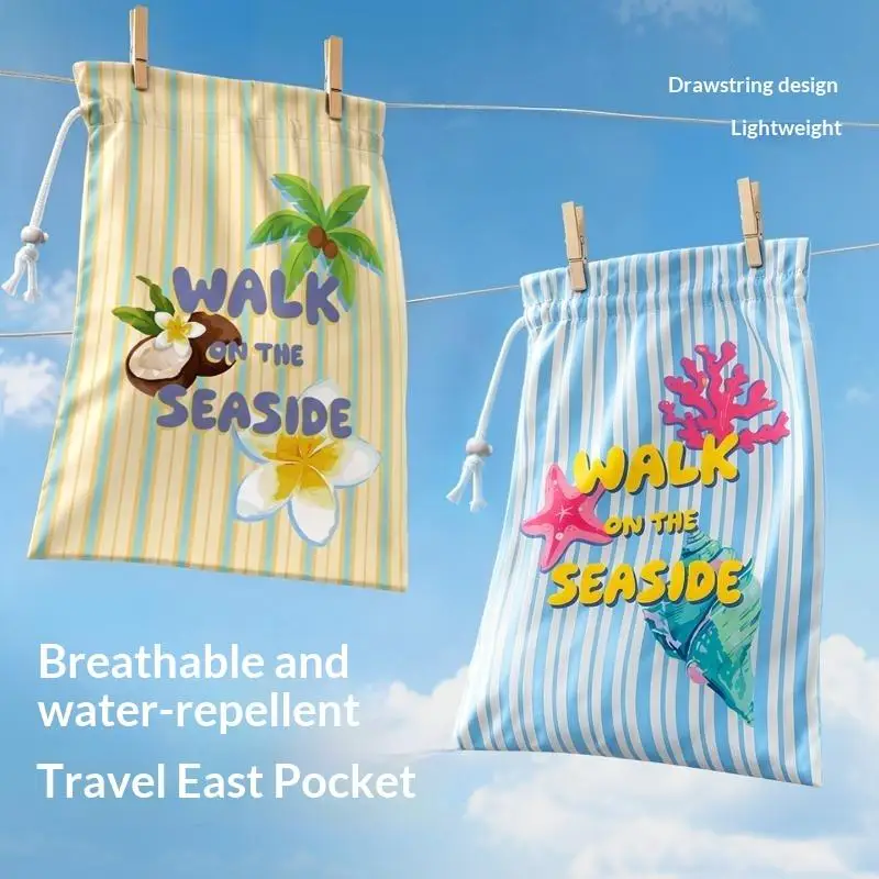 Drawstring Beach Bags with Cute Seaside Print Breathable Water Repellent Fabric for Family Vacation Pool Parties