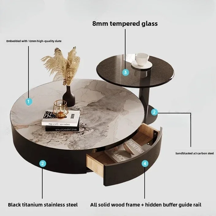 Black round coffee table rock slab light luxury high-end living room combination stainless steel 2024 new model