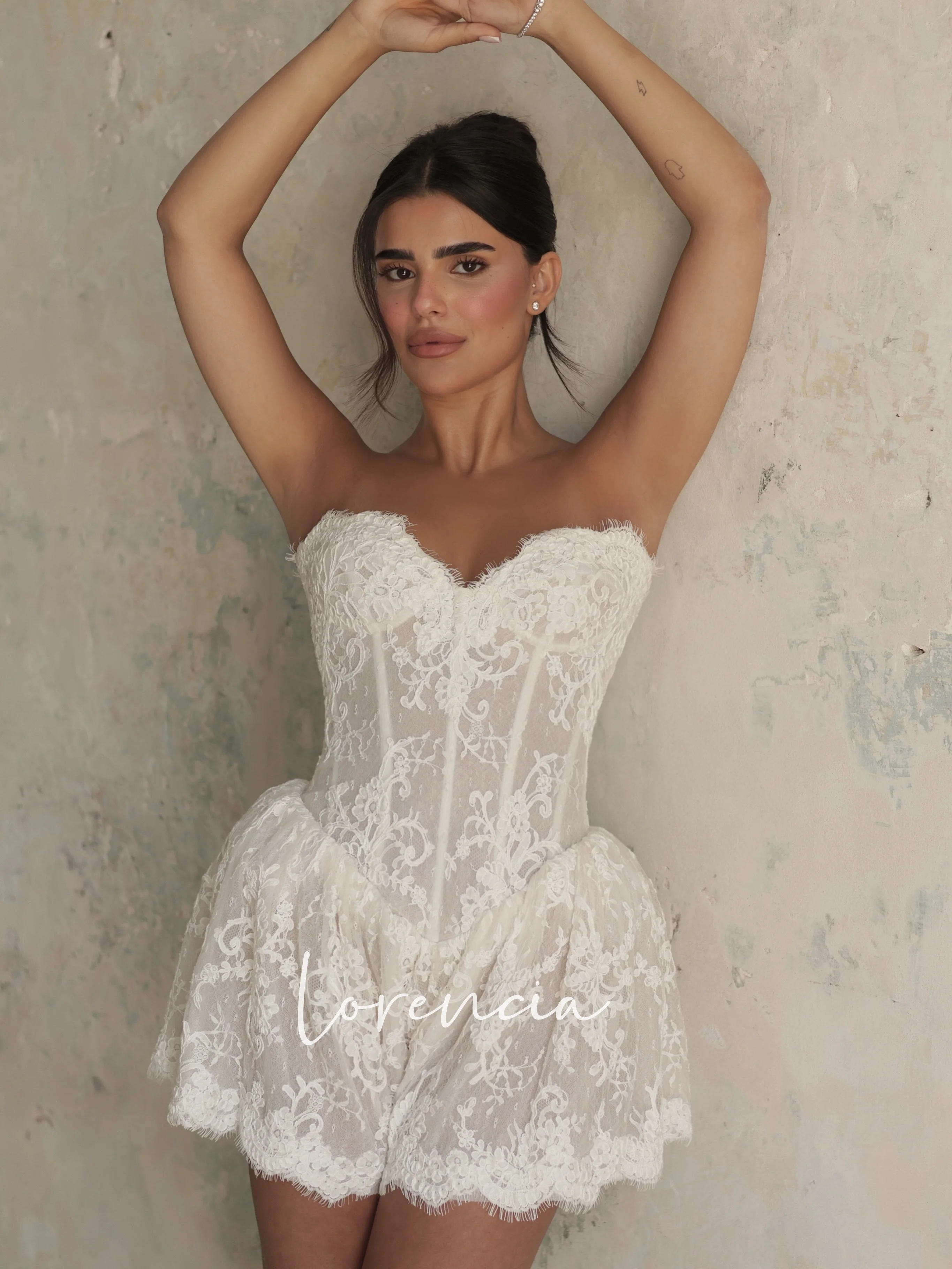 Lorencia Strapless Lace Mini Wedding Dresses Sweetheart Basque Above Knee Short Bridal Gowns After Party Dresses Customized