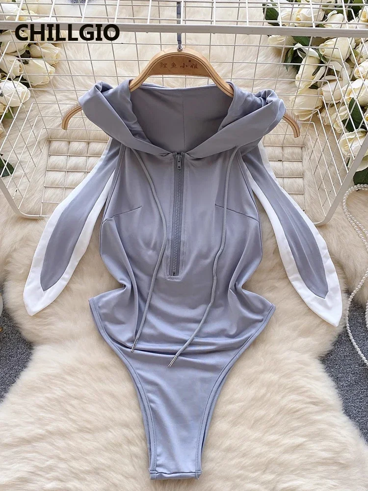 CHILLGIO Women Sexy Erotic Bunny Bodysuits Fashion Solid One Piece Combination Onesie Sleepwear Tights Backless Zipper Catsuits