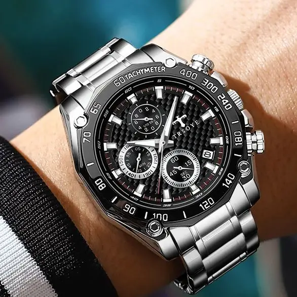 TRSOYE White Dial Waterproof Sport Style Silver Band Men Watch Chronograph 3 ATM Profession relogios masculino