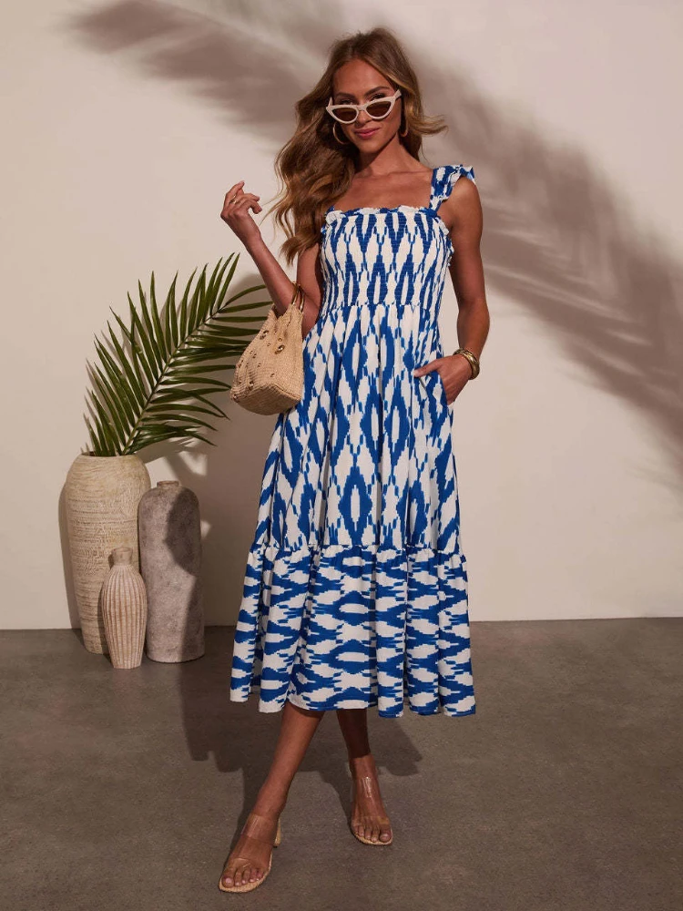 2025 novo vestido de verão feminino estampa floral sexy pescoço quadrado babados cintura em camadas maxi vestido com alças espaguete e saia redemoinho