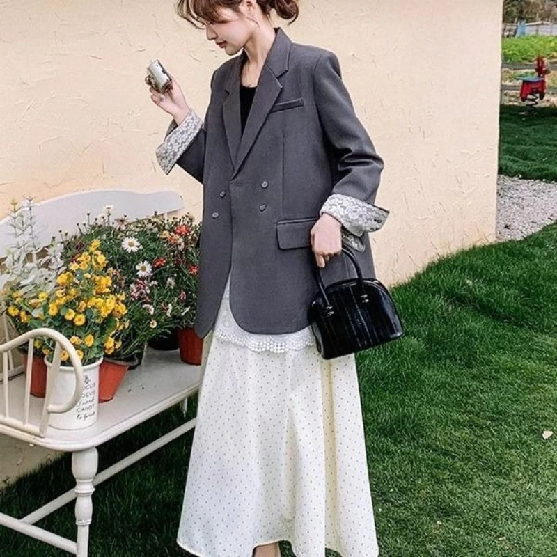 High-end Women's 2025 Spring New Lace Combined Oversized Korean Blazer Unique Small Western Style Double Breasted Commute Suit