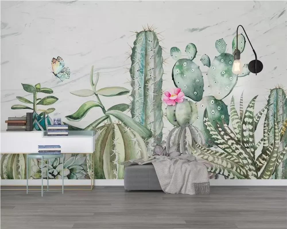 Custom wallpaper wall stickers Hand painted cactus butterfly Flower modern small fresh background wall 3d wallpaper