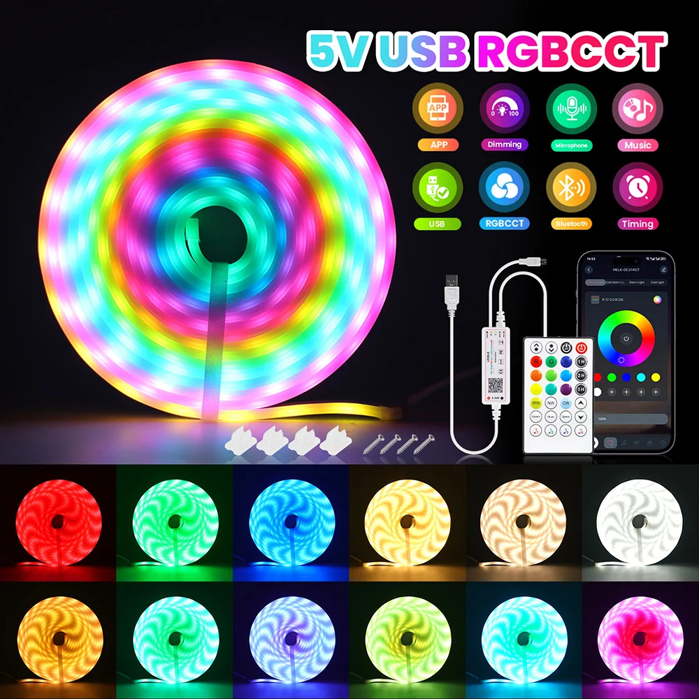 5V Bluetooth USB RGB CCT LED Neon Strip Light 5050 2835 2 in 1 24key Remote Control WS2812B RGBCCT Kit 108LEDs/m IP67 Flex Decor