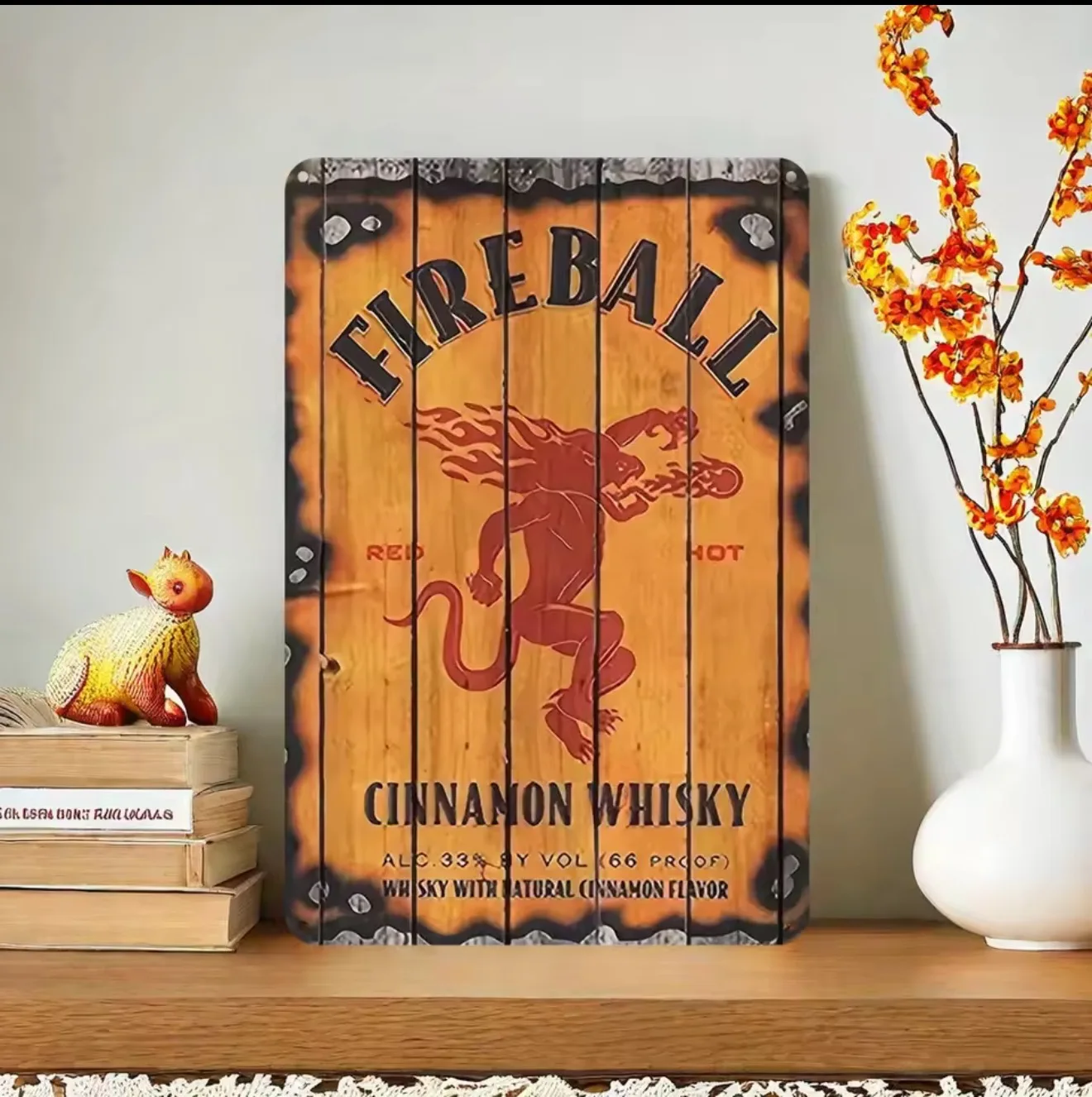 Vintage Fireball Cinnamon Whiskey Metal Sign - Humorous Home, Bar, Cafe Wall Art - Perfect for Holiday Decorations, Garden