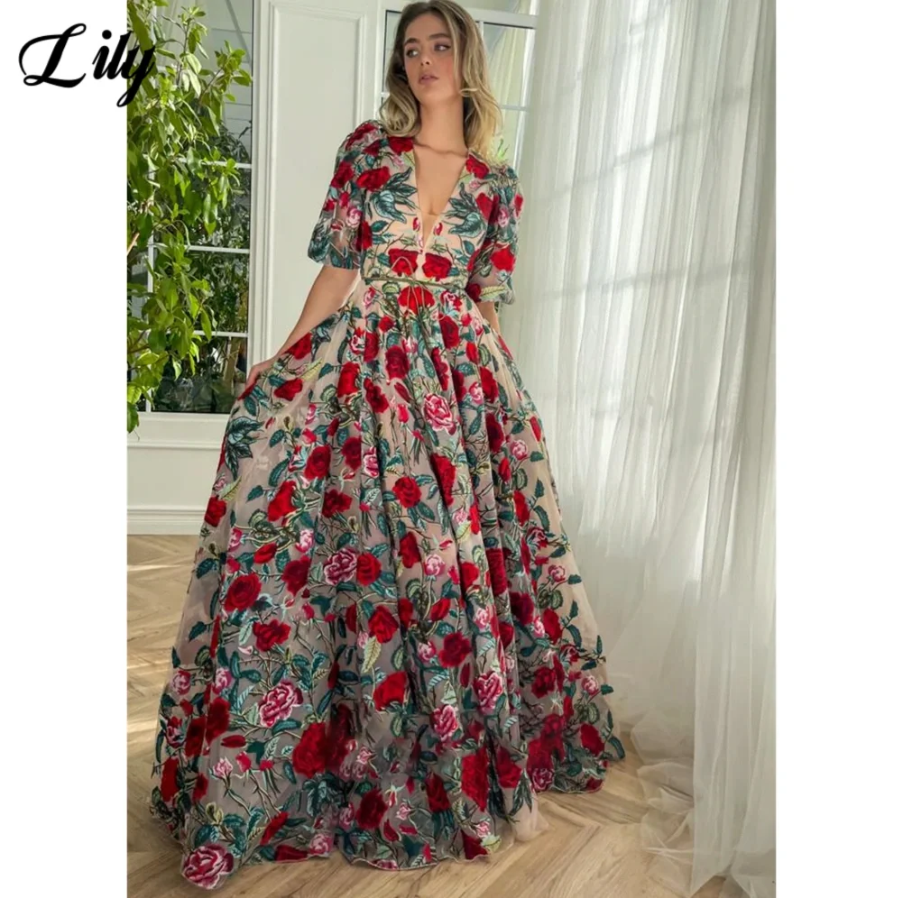 

Lily Gorgeous Classic Chinese Style Evening Dresses for Woman Flowers Printing V-Neck Prom Dress Waist Tie Backless Ball Gown