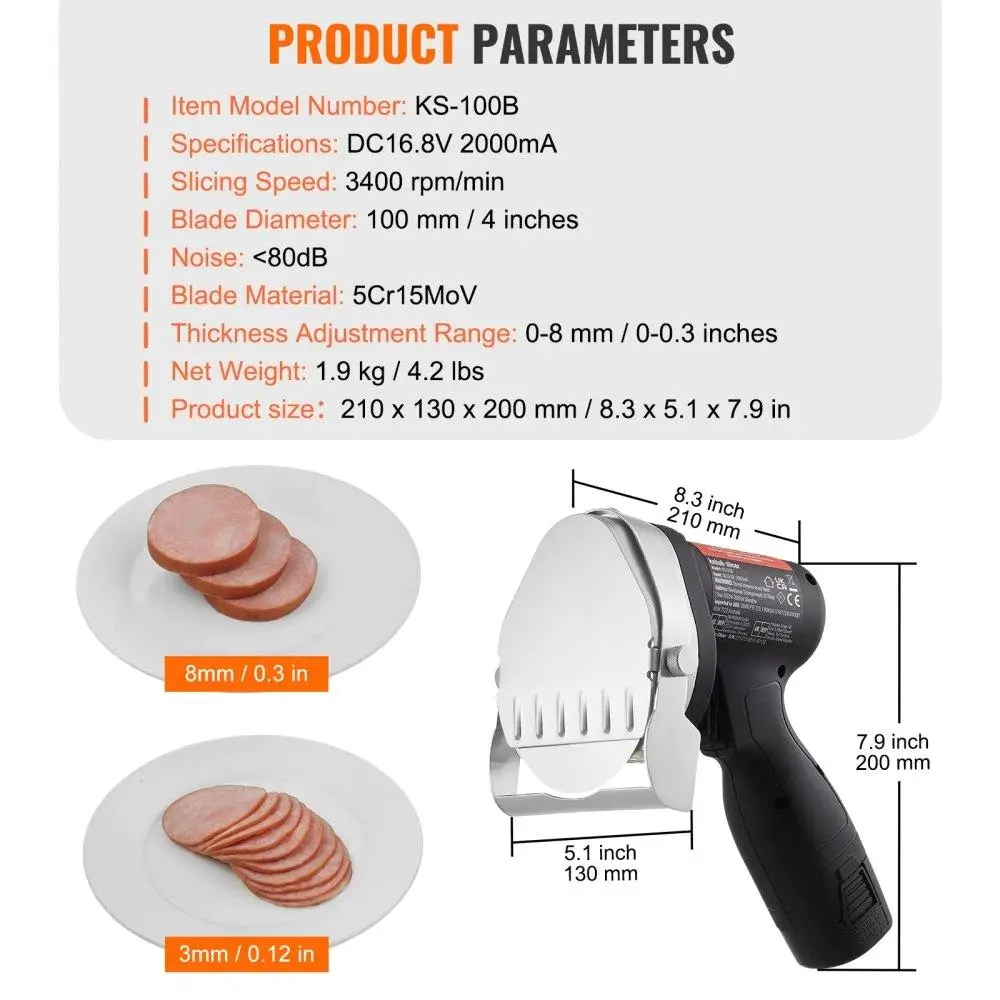 ไฟฟ้าไร้สายเครื่องตัด Gyro 80W สแตนเลส Kebab เนื้อปรับความหนา 2 ใบมีดเส้นผ่านศูนย์กลาง 100 มม.