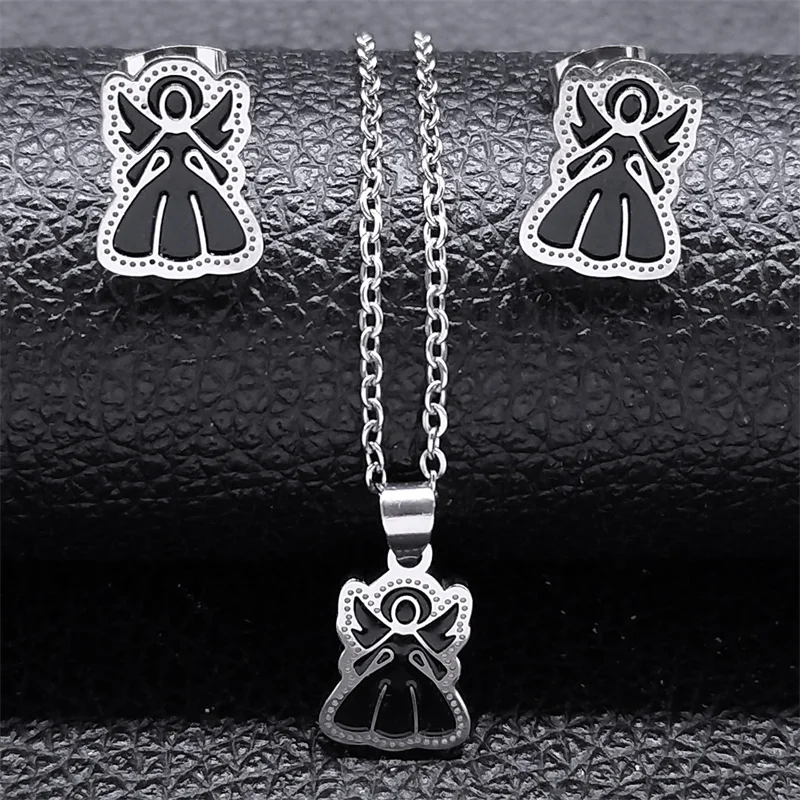 

Vintage Holy Angel Pendant Necklace Stud Earring Set for Women Stainless Steel Black Sliver Color Classic Jewelry Sets Gift S150