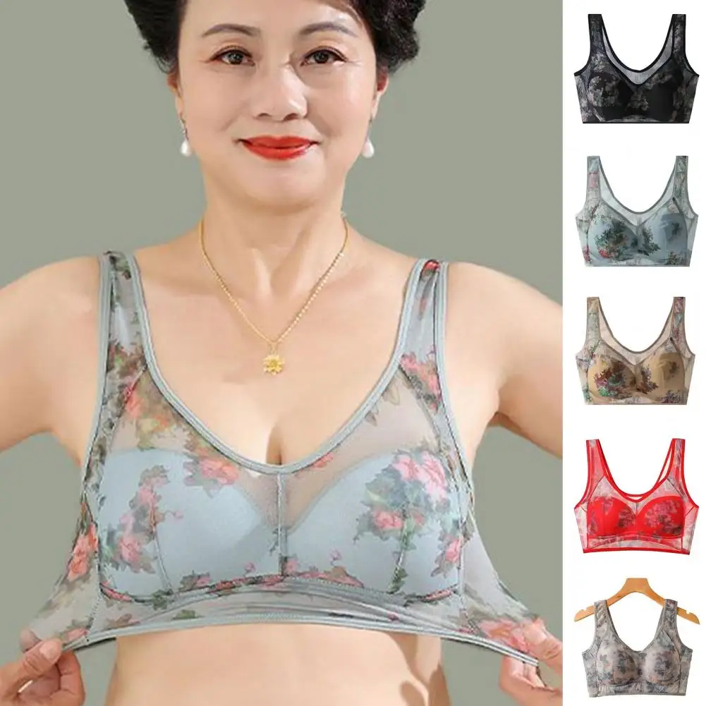 Women Bra Mesh Thin Plus Size Floral Print Wide Shoulder Strap Wireless Anti-snagging Push Up Seamless Mother Bra Female Wear