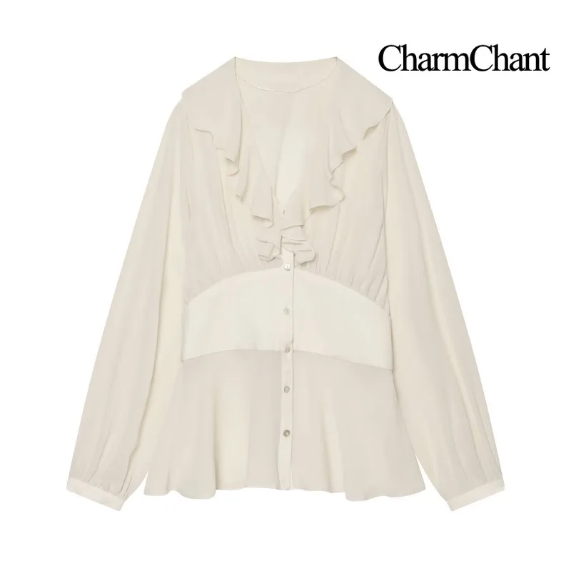 CHARMCHANT Women's Ruffle V‑Neck Blouse Long Sleeve Waist Cinched Button Front Peplum Shirt for Daily Party Wear Fall 2026