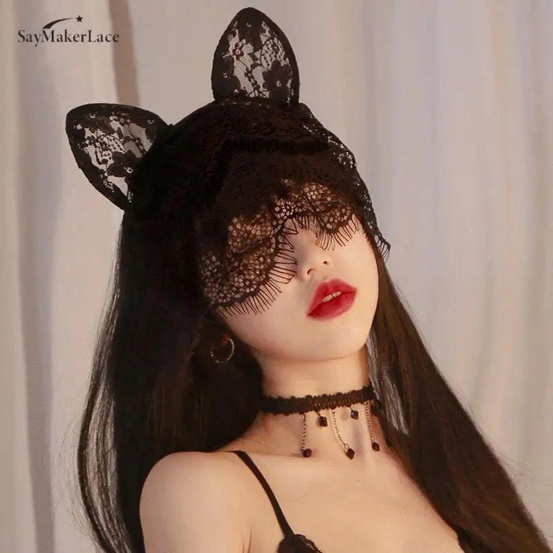 Lace Cat Ears Veil Headbands Black Hairbands Eye Mask Anime Cat Girl Cosplay Hair Accessories For Women Girls Christmas