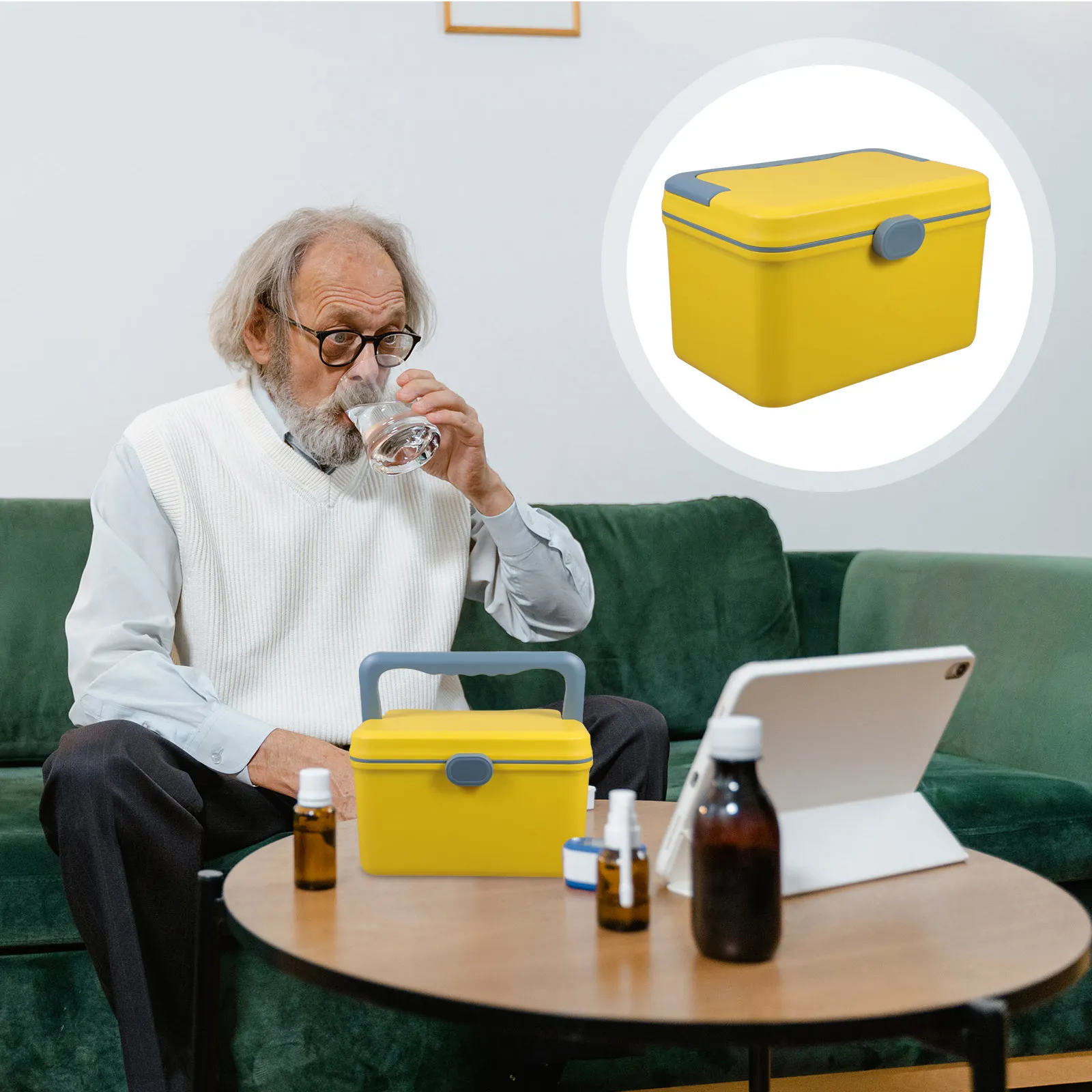 

Large Capacity Medical Storage Box Yellow Plastic Multiple Compartments Handle Emergency Medicine Organizer Travel Home Camping