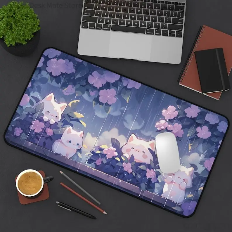 Kawaii Cats in the Rain Large Mouse Pad  XXL Purple Desk Mat Gaming Mousepad Deskpad Cute Gaming accessories office work