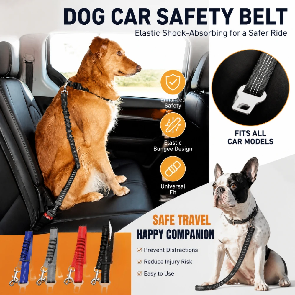 Reflective Dog Car Seat Belt, Adjustable Durable Nylon Bungee Harness, Safe Secure Travel Restraint for Pets